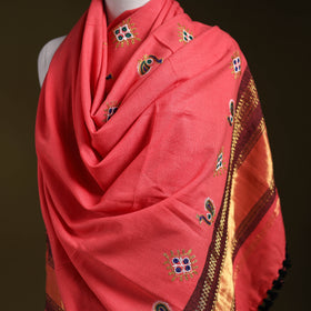Pink - kutch ahir hand embroidery mirror work woollen shawl