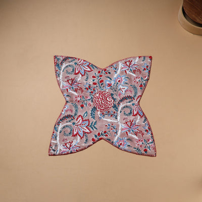 Peach - Hand Embroidered Floral Block Print Cotton Roti Napkin 27