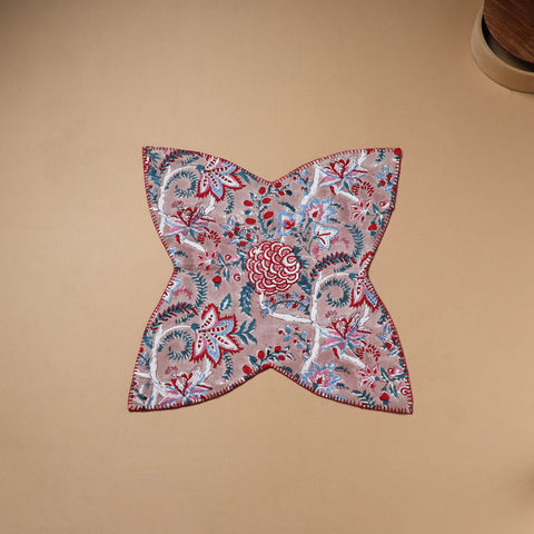 Peach - Hand Embroidered Floral Block Print Cotton Roti Napkin 27