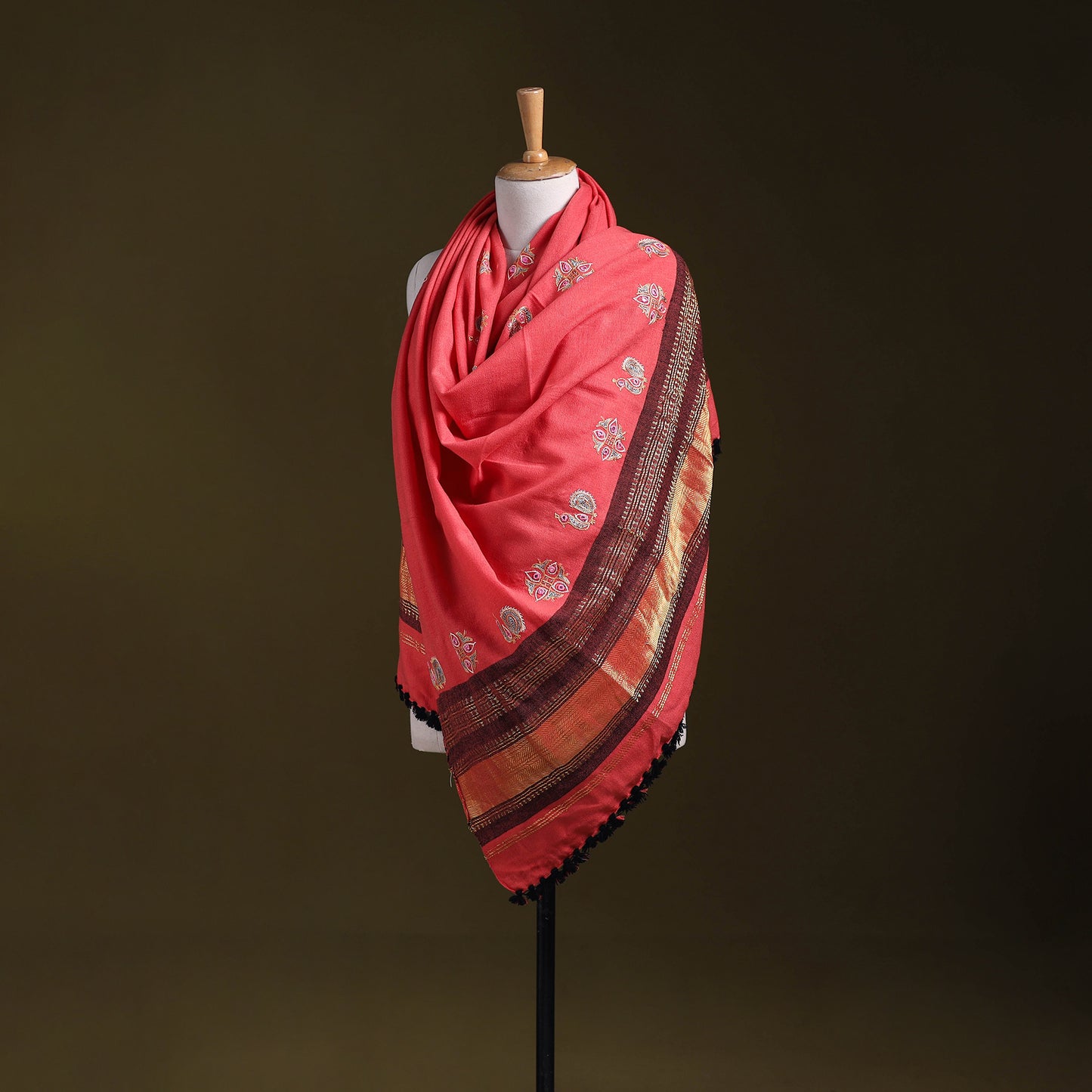 Pink - kutch ahir hand embroidery mirror work woollen shawl