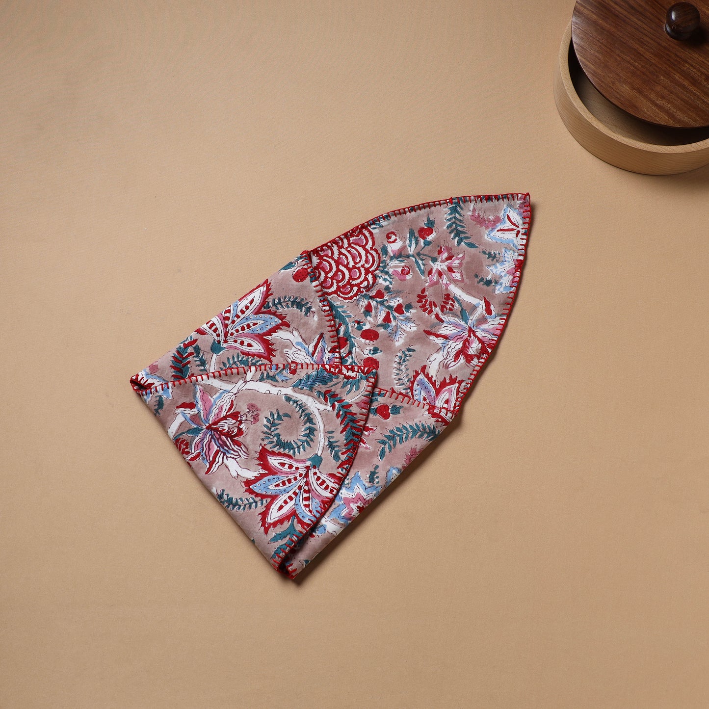 Peach - Hand Embroidered Floral Block Print Cotton Roti Napkin 27