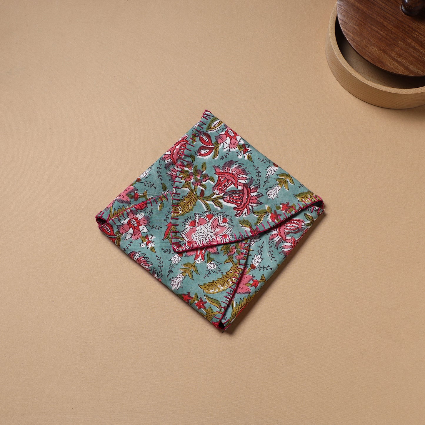 Multi colour - Hand Embroidered Floral Block Print Cotton Roti Napkin 23