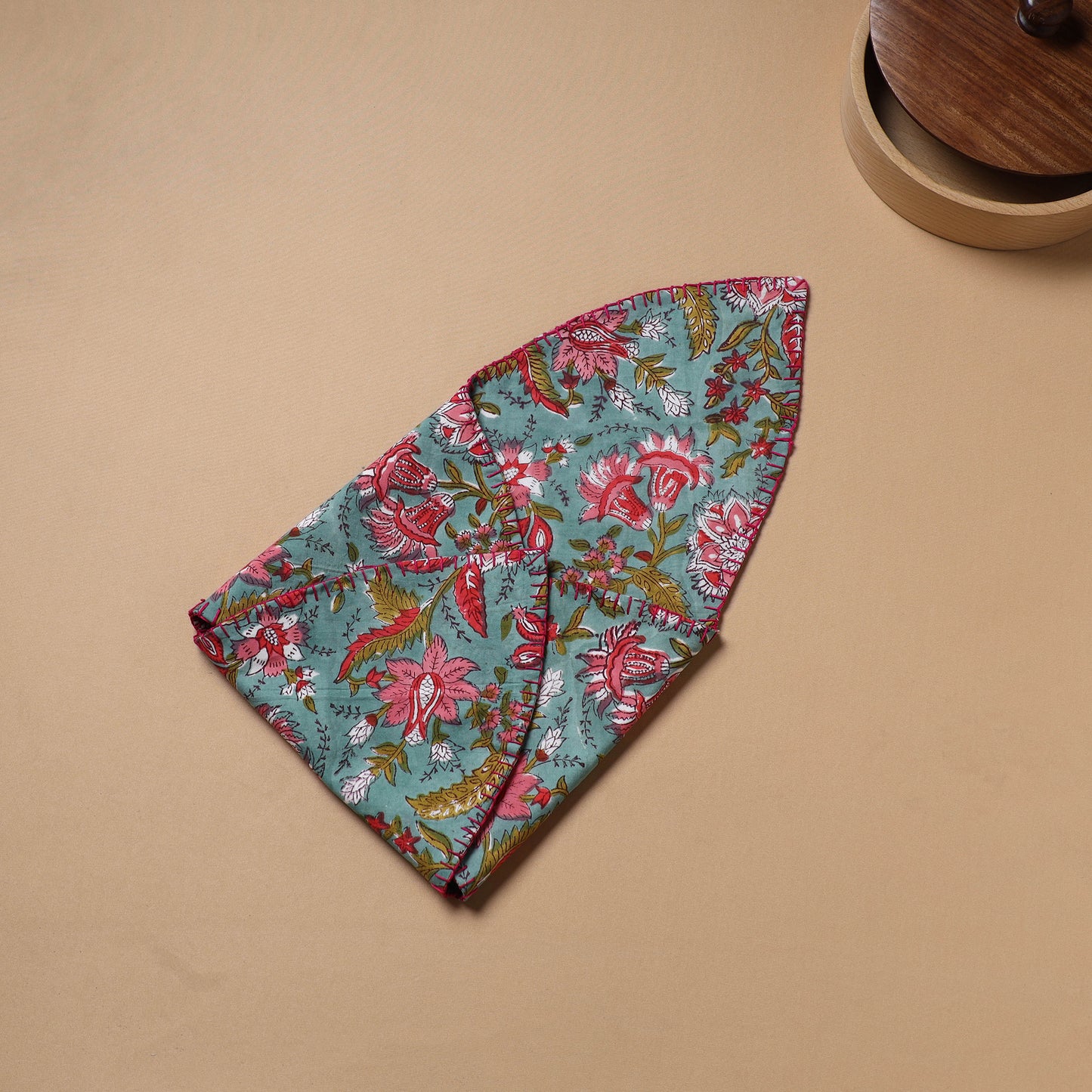Multi colour - Hand Embroidered Floral Block Print Cotton Roti Napkin 23