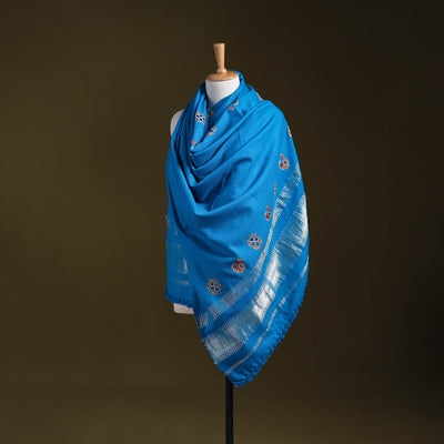 Blue - kutch ahir hand embroidery mirror work woollen shawl