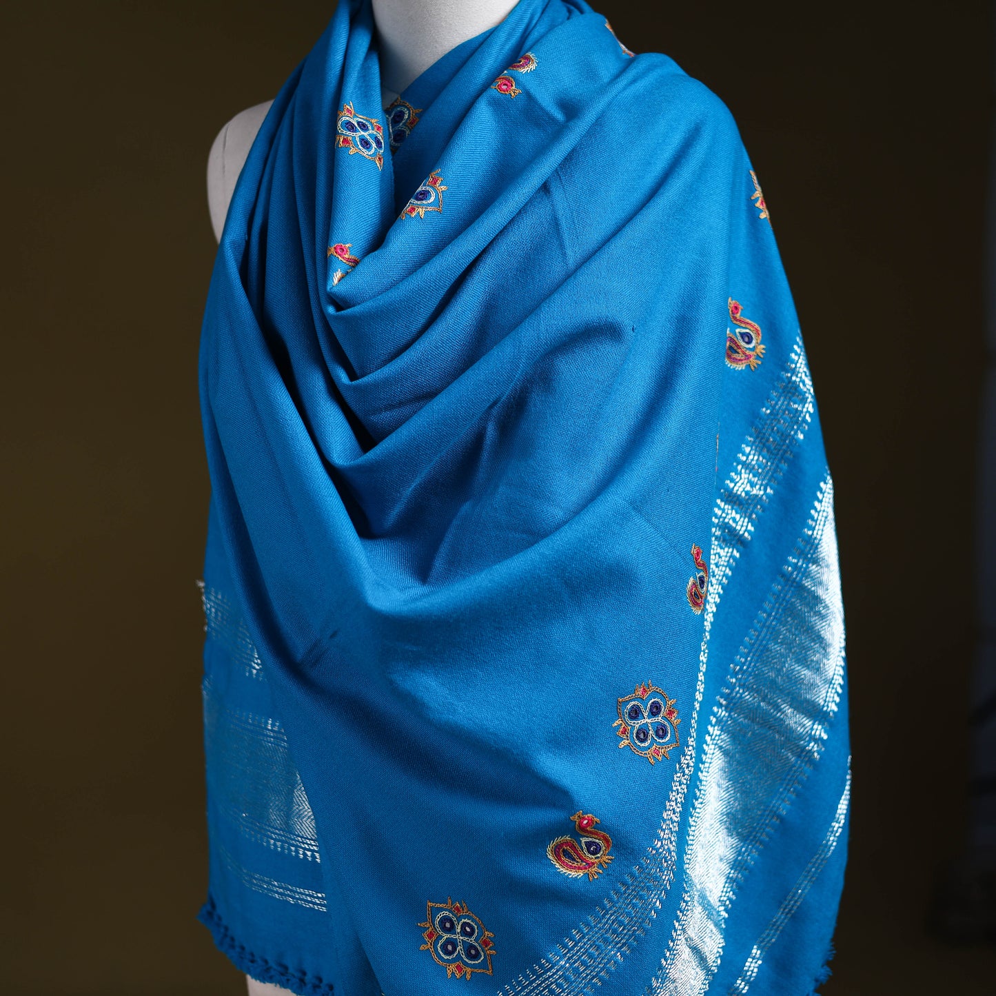 Blue - kutch ahir hand embroidery mirror work woollen shawl
