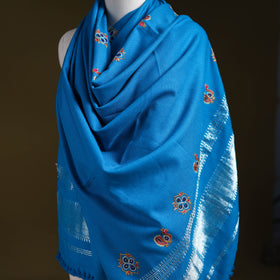 Blue - kutch ahir hand embroidery mirror work woollen shawl