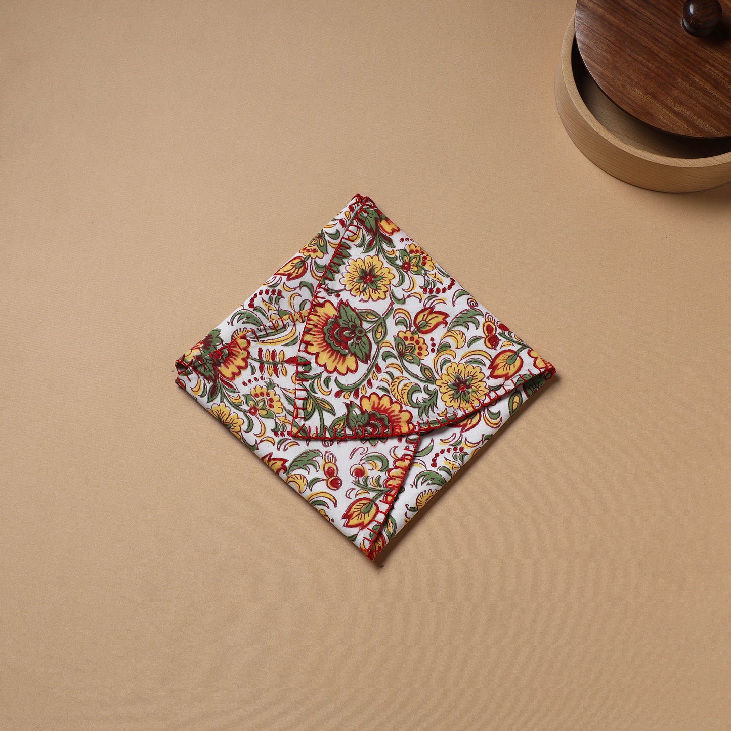 Multi clour - Hand Embroidered Floral Block Print Cotton Roti Napkin 20