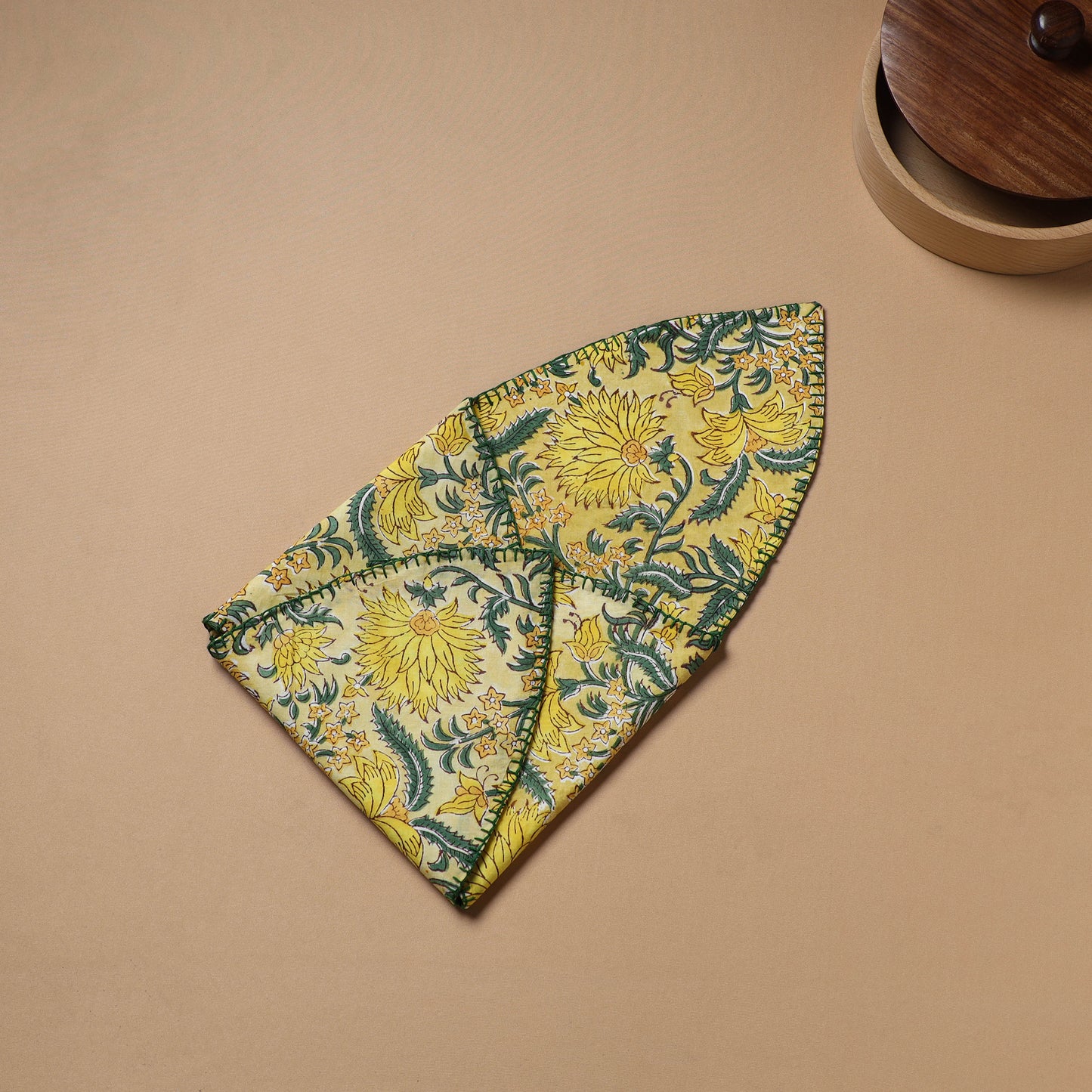 Yellow - Hand Embroidered Floral Block Print Cotton Roti Napkin 17