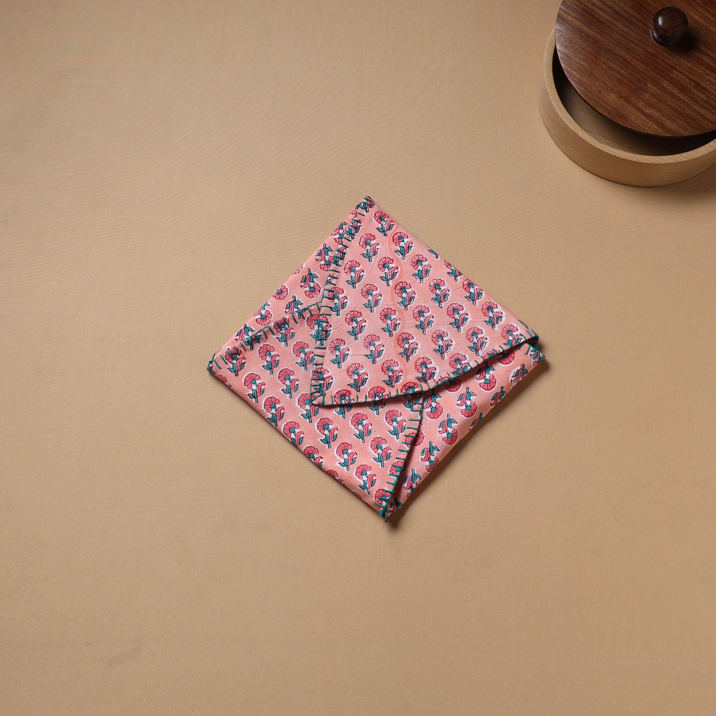 Pink - Hand Embroidered Floral Block Print Cotton Roti Napkin 15