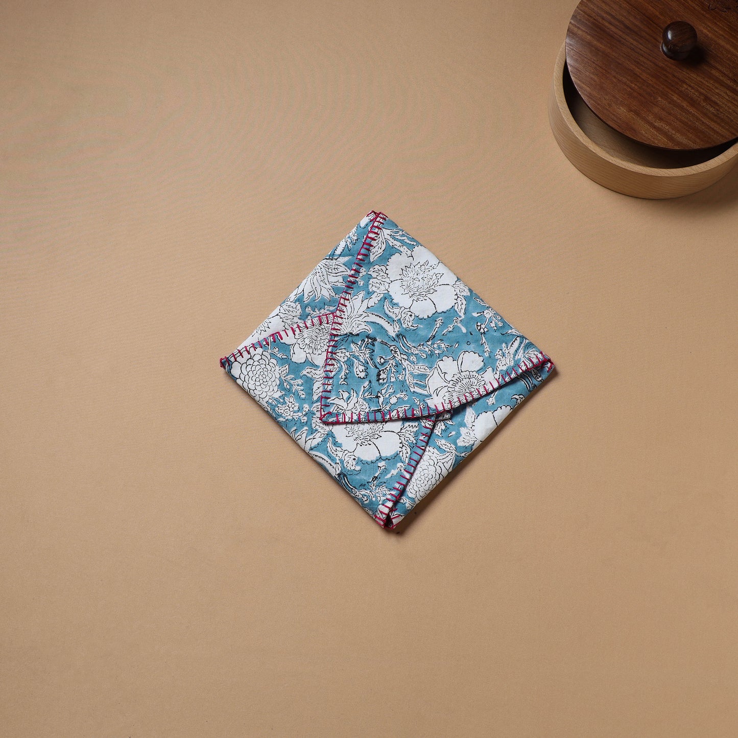 Blue - Hand Embroidered Floral Block Print Cotton Roti Napkin 16