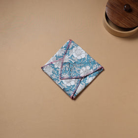 Blue - Hand Embroidered Floral Block Print Cotton Roti Napkin 16