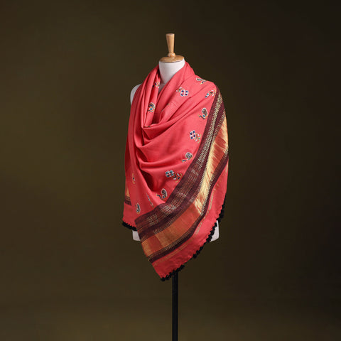 Pink - kutch ahir hand embroidery mirror work woollen shawl