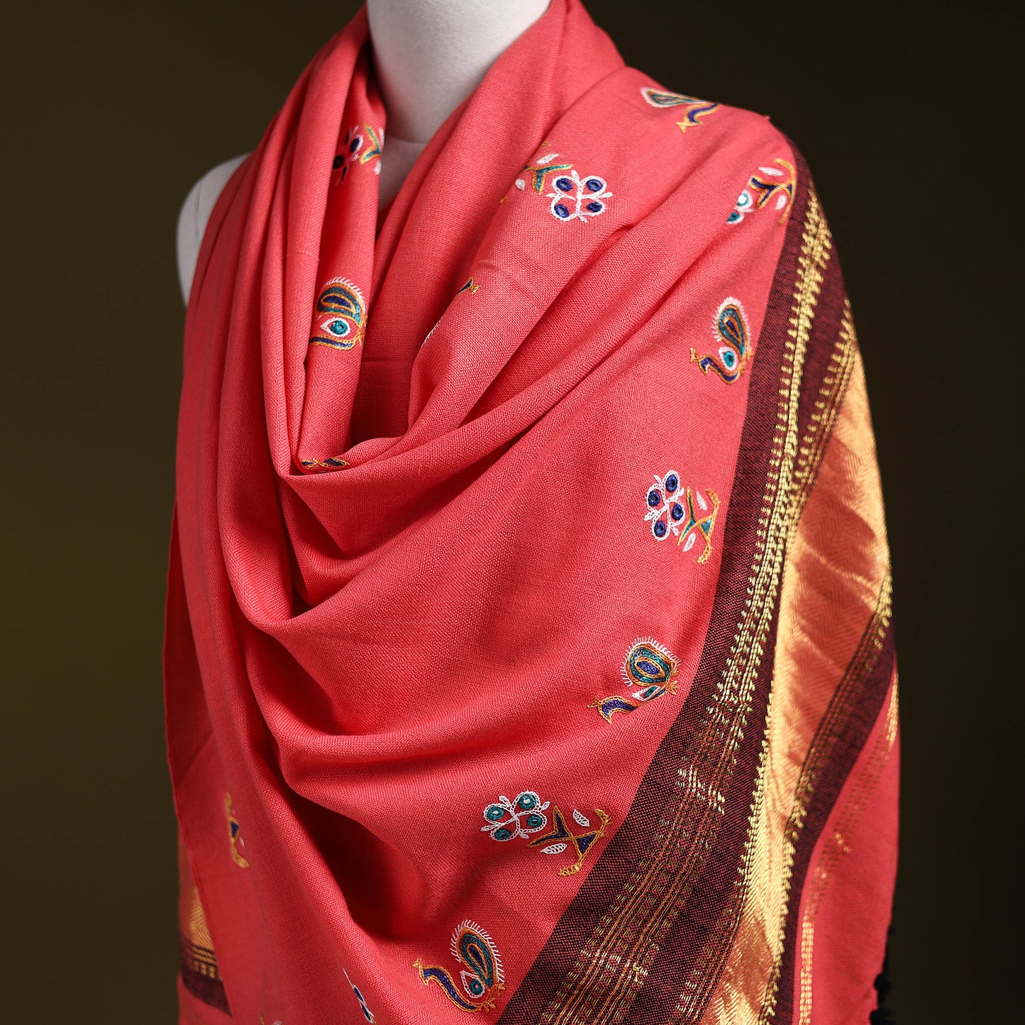 Pink - kutch ahir hand embroidery mirror work woollen shawl