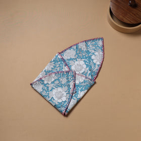 Blue - Hand Embroidered Floral Block Print Cotton Roti Napkin 16