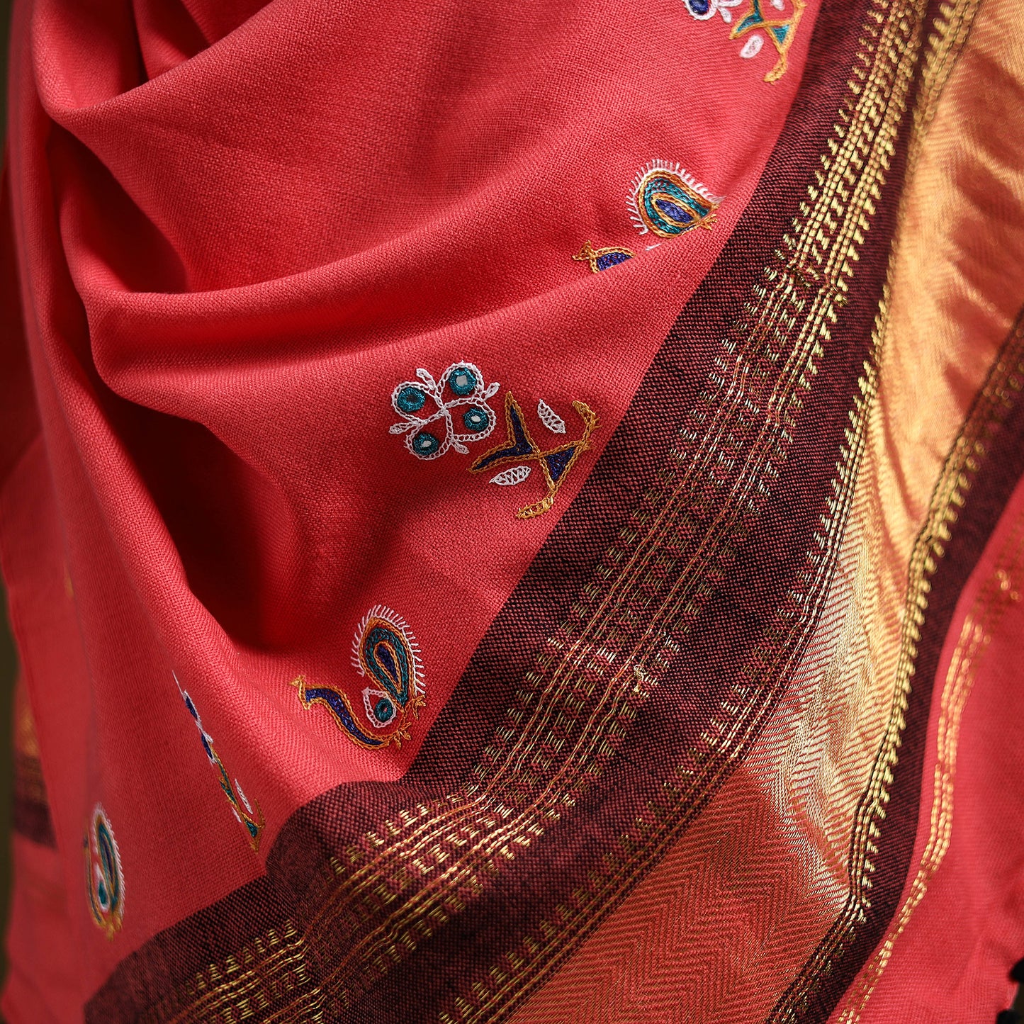 Pink - kutch ahir hand embroidery mirror work woollen shawl