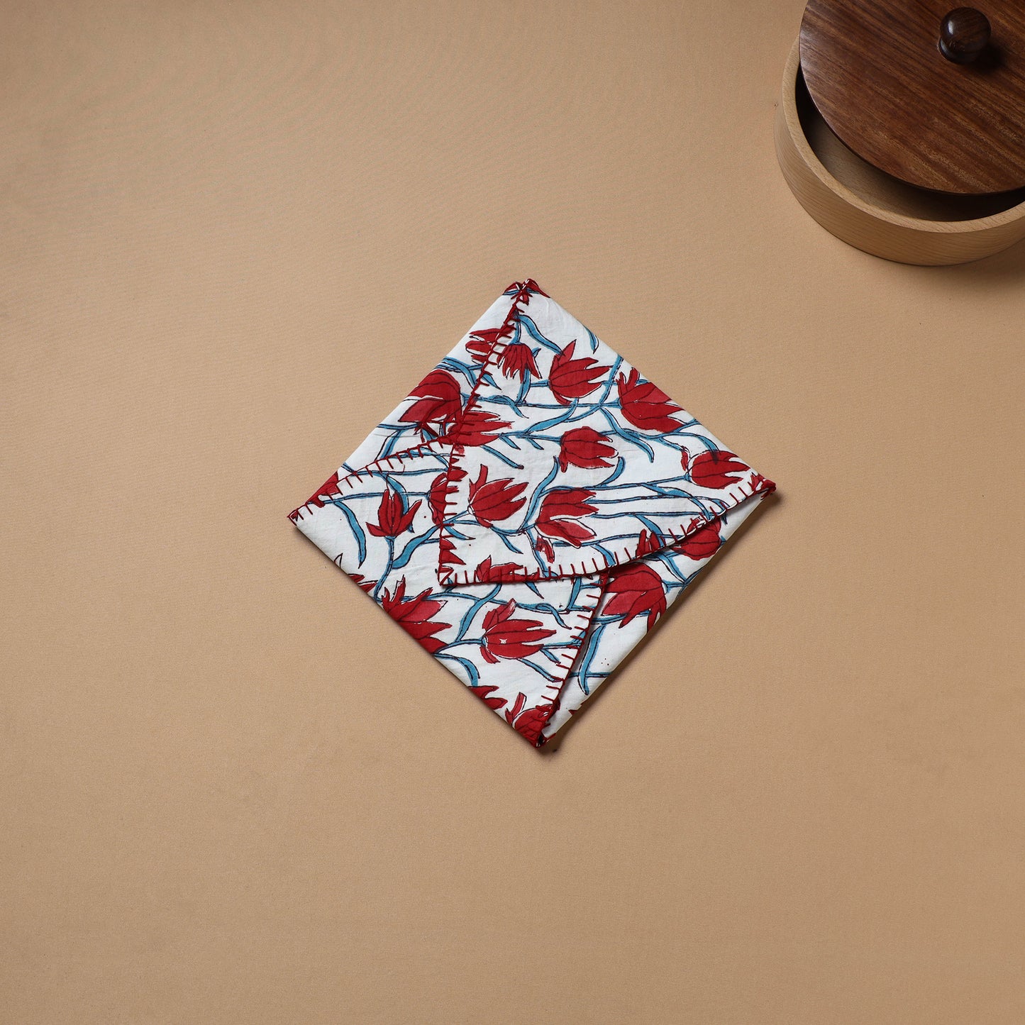 Red - Hand Embroidered Floral Block Print Cotton Roti Napkin 12