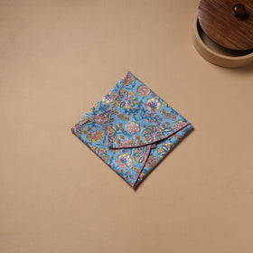 Blue - Hand Embroidered Floral Block Print Cotton Roti Napkin 11