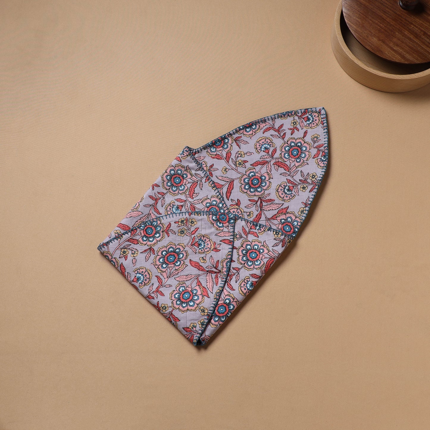 Purple - Hand Embroidered Floral Block Print Cotton Roti Napkin 09