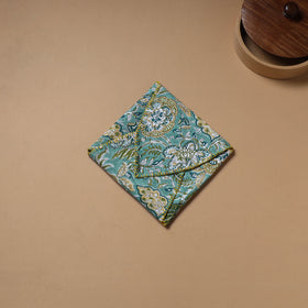 Blue - Hand Embroidered Floral Block Print Cotton Roti Napkin 06