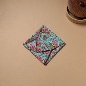 Blue - Hand Embroidered Floral Block Print Cotton Roti Napkin 05