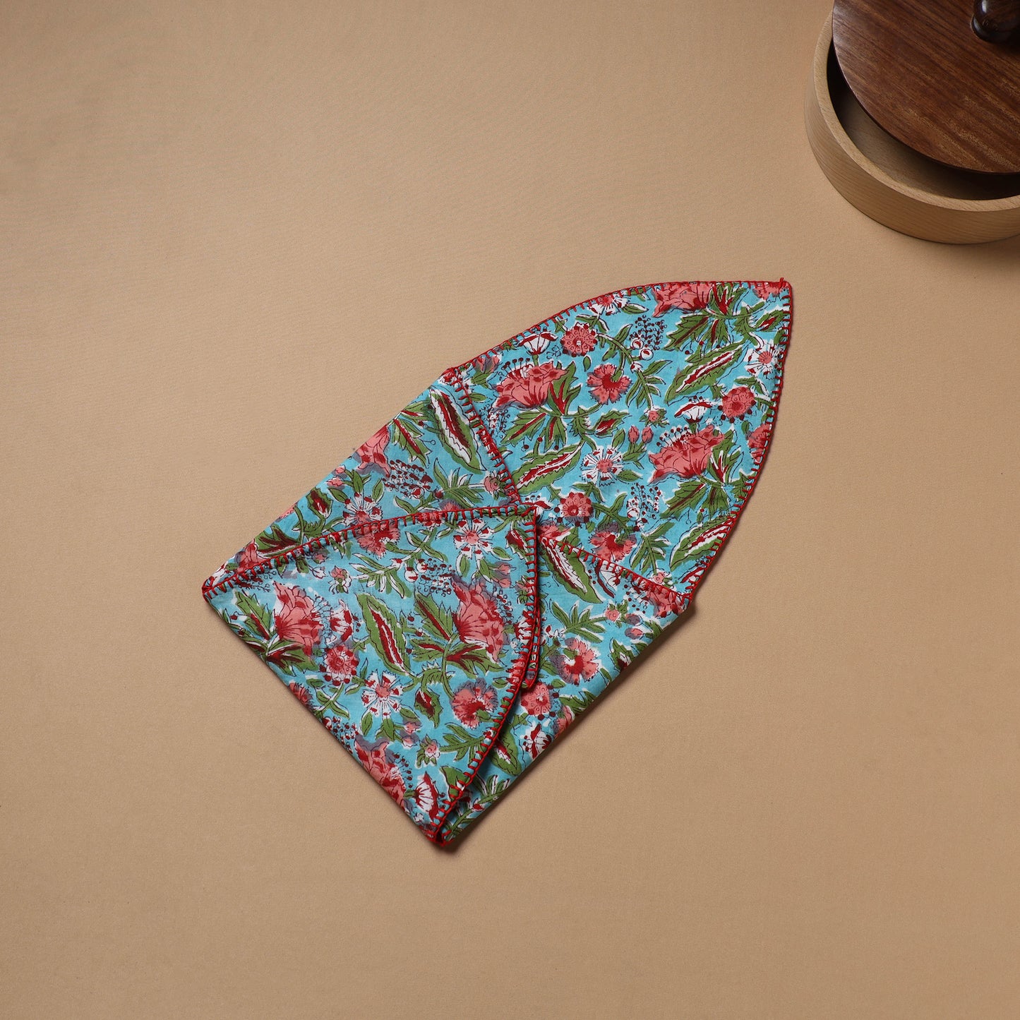 Blue - Hand Embroidered Floral Block Print Cotton Roti Napkin 05