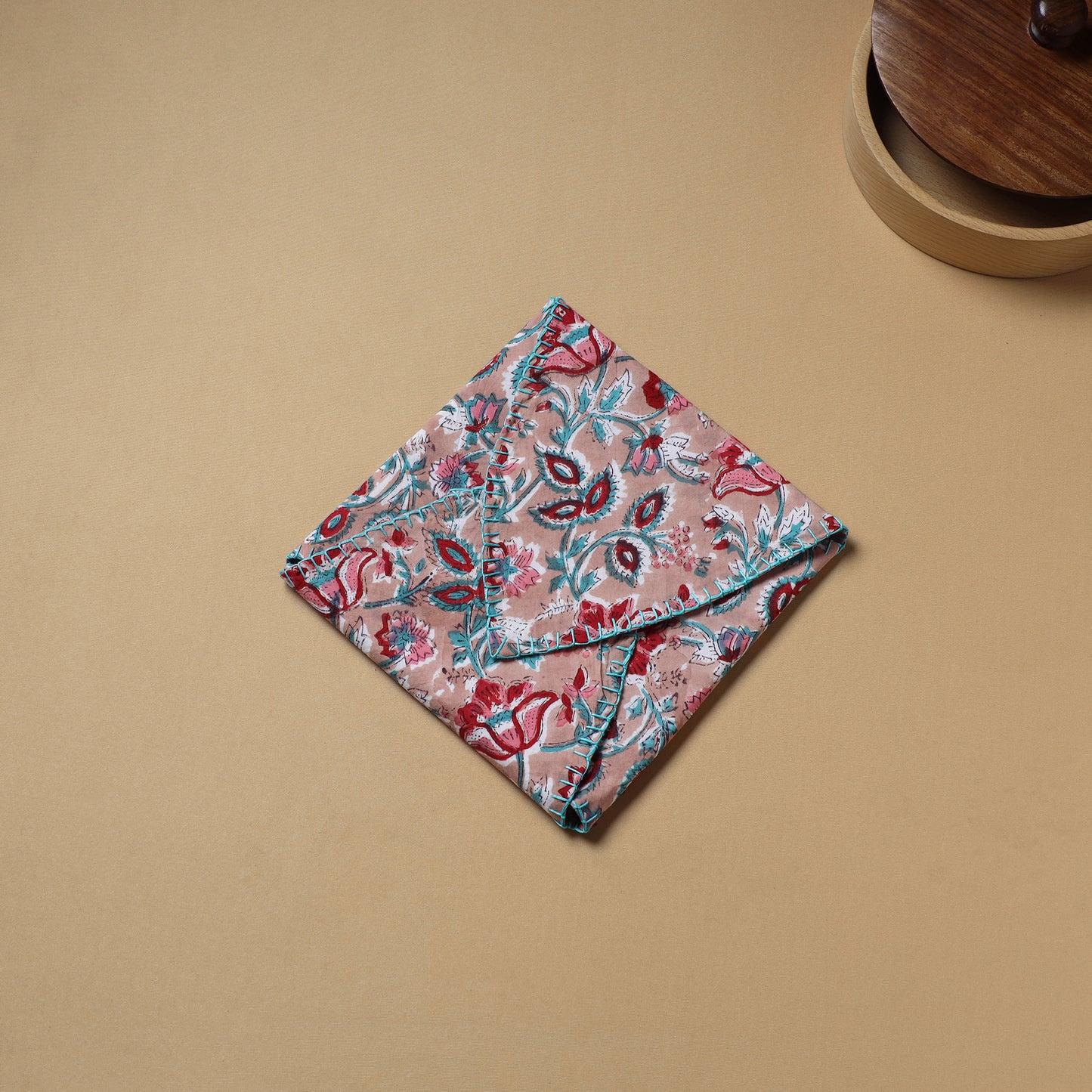 Pink - Hand Embroidered Floral Block Print Cotton Roti Napkin 03