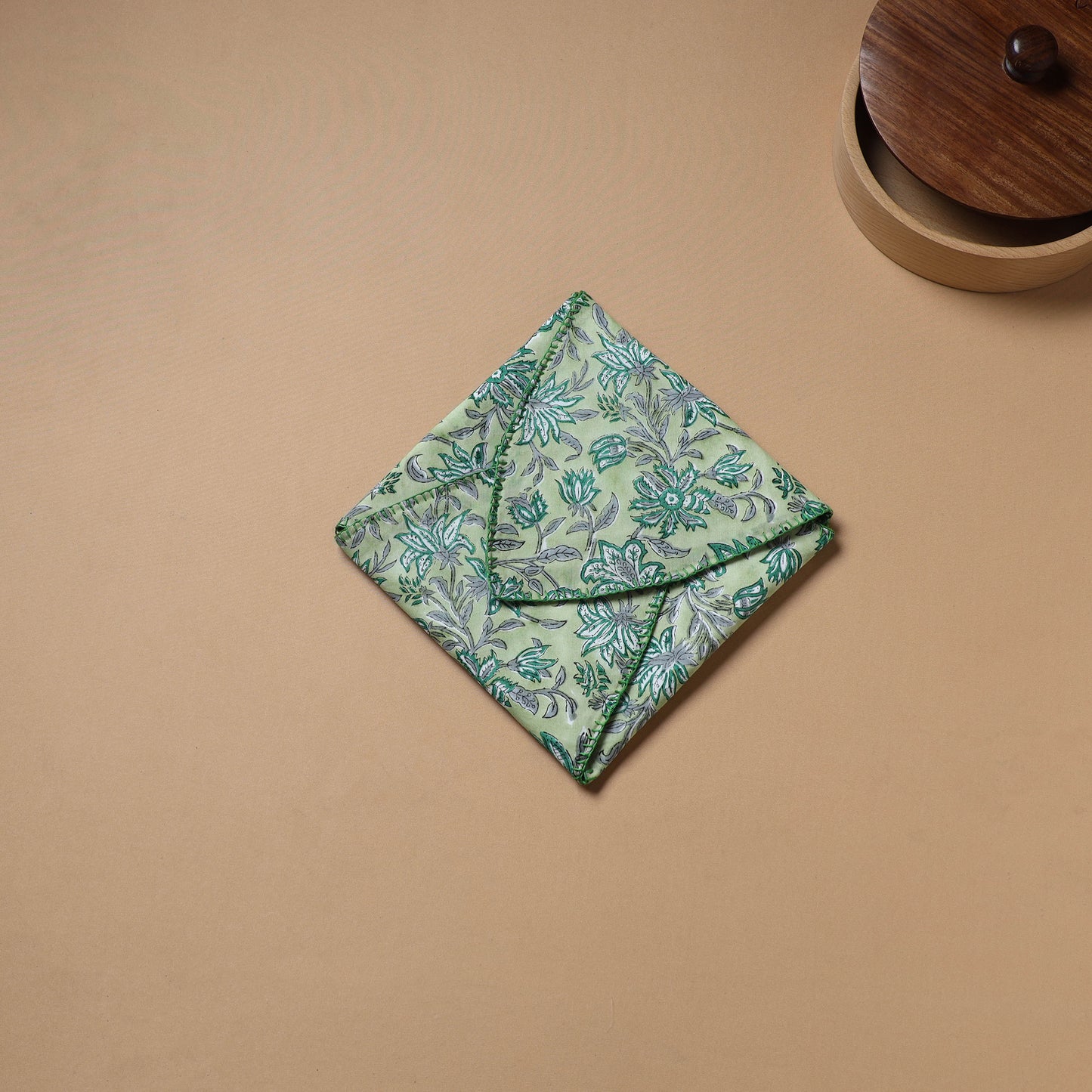 Green - Hand Embroidered Floral Block Print Cotton Roti Napkin 01