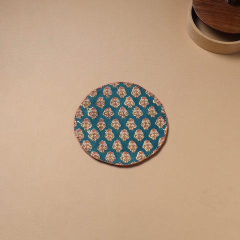 Blue - Hand Embroidered Floral Block Print Cotton Round Roti Napkin 01