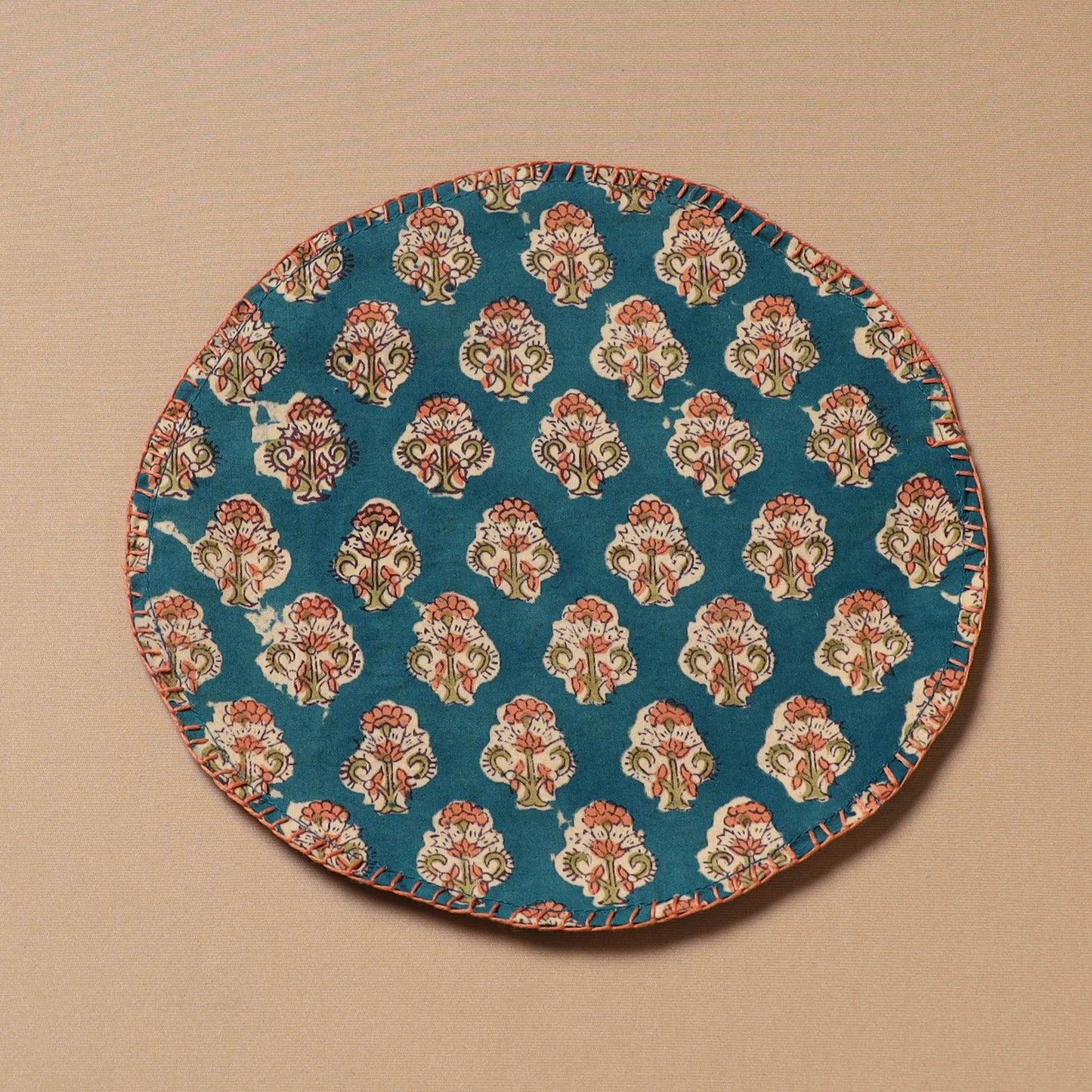 Blue - Hand Embroidered Floral Block Print Cotton Round Roti Napkin 01
