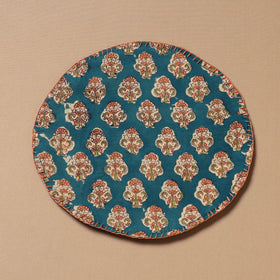 Blue - Hand Embroidered Floral Block Print Cotton Round Roti Napkin 01