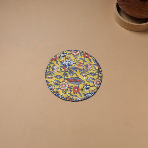 Yellow - Hand Embroidered Floral Block Print Cotton Round Roti Napkin 02