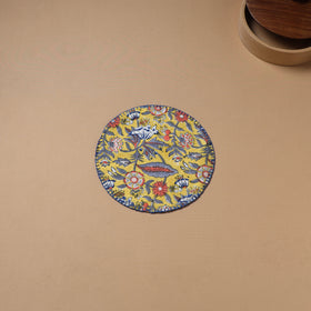 Yellow - Hand Embroidered Floral Block Print Cotton Round Roti Napkin 02
