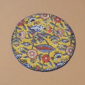 Yellow - Hand Embroidered Floral Block Print Cotton Round Roti Napkin 02