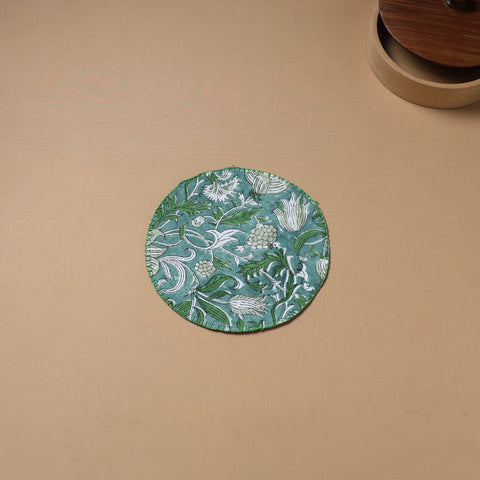 Blue - Hand Embroidered Floral Block Print Cotton Round Roti Napkin 03