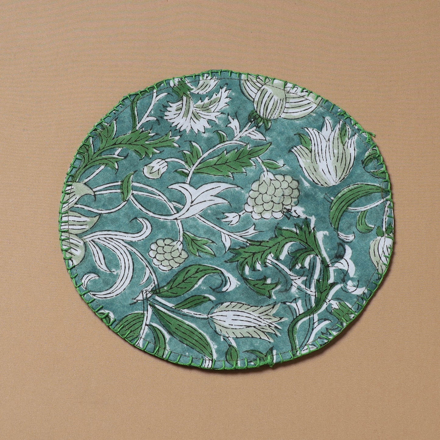 Blue - Hand Embroidered Floral Block Print Cotton Round Roti Napkin 03