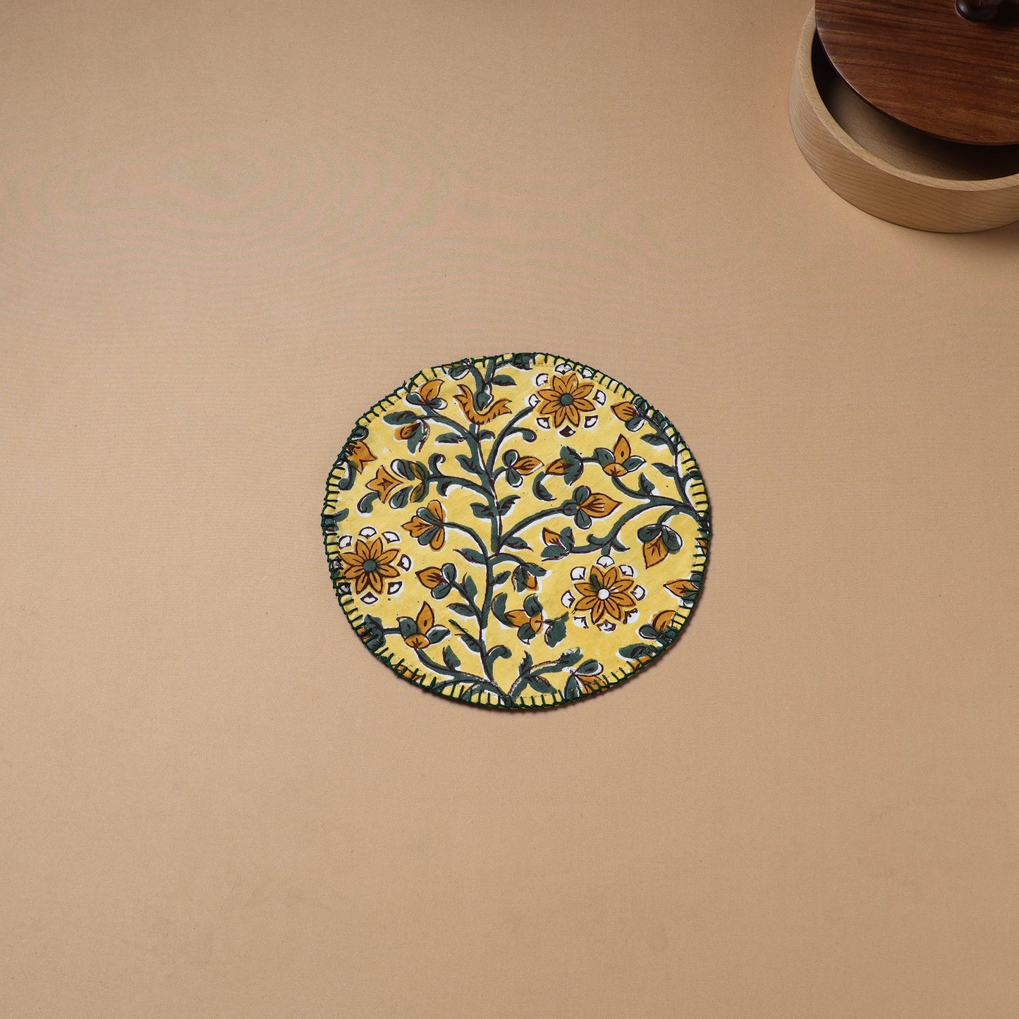 Yellow - Hand Embroidered Floral Block Print Cotton Round Roti Napkin 04