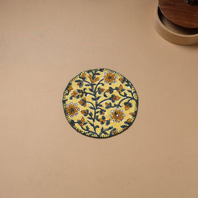 Yellow - Hand Embroidered Floral Block Print Cotton Round Roti Napkin 04
