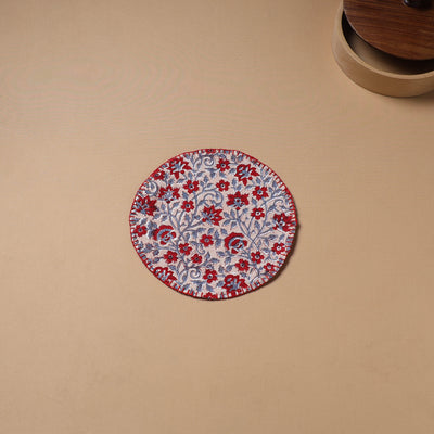 Maroon - Hand Embroidered Floral Block Print Cotton Round Roti Napkin 05