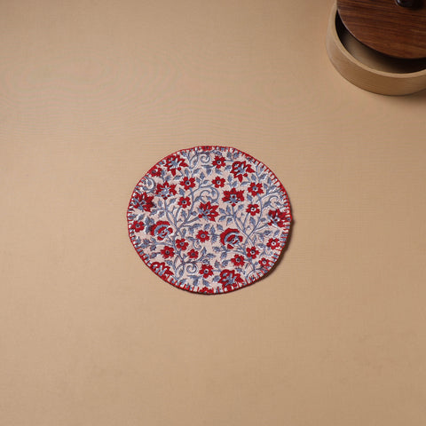 Maroon - Hand Embroidered Floral Block Print Cotton Round Roti Napkin 05