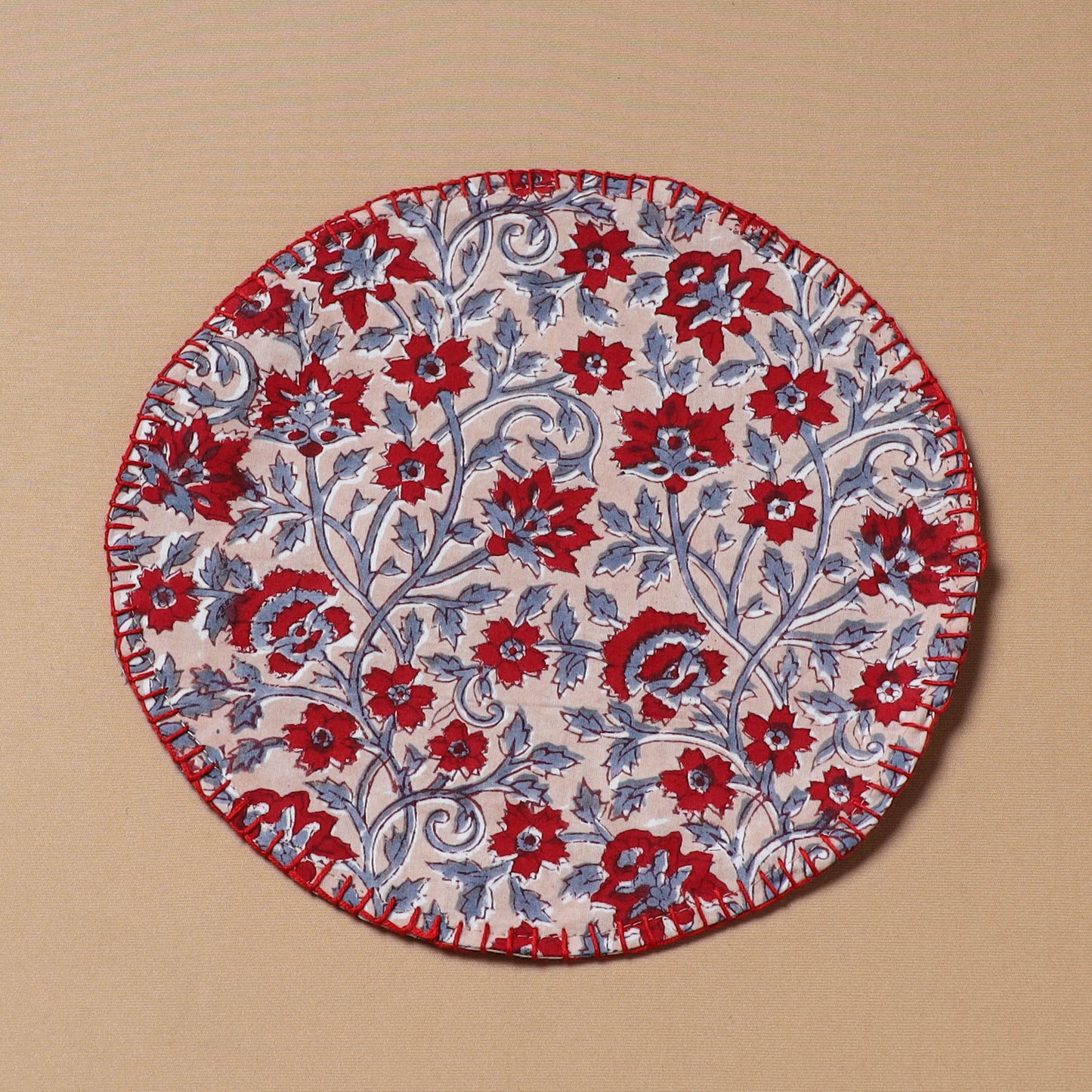 Maroon - Hand Embroidered Floral Block Print Cotton Round Roti Napkin 05