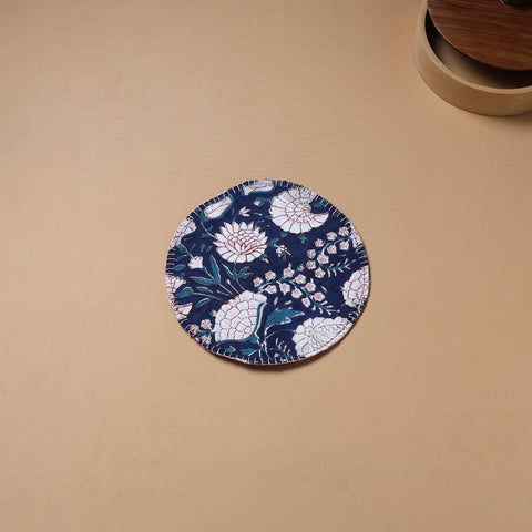 Blue - Hand Embroidered Floral Block Print Cotton Round Roti Napkin 06