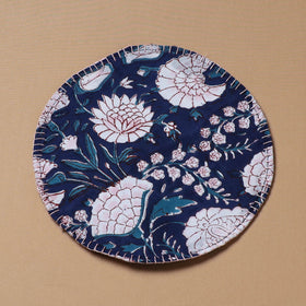 Blue - Hand Embroidered Floral Block Print Cotton Round Roti Napkin 06