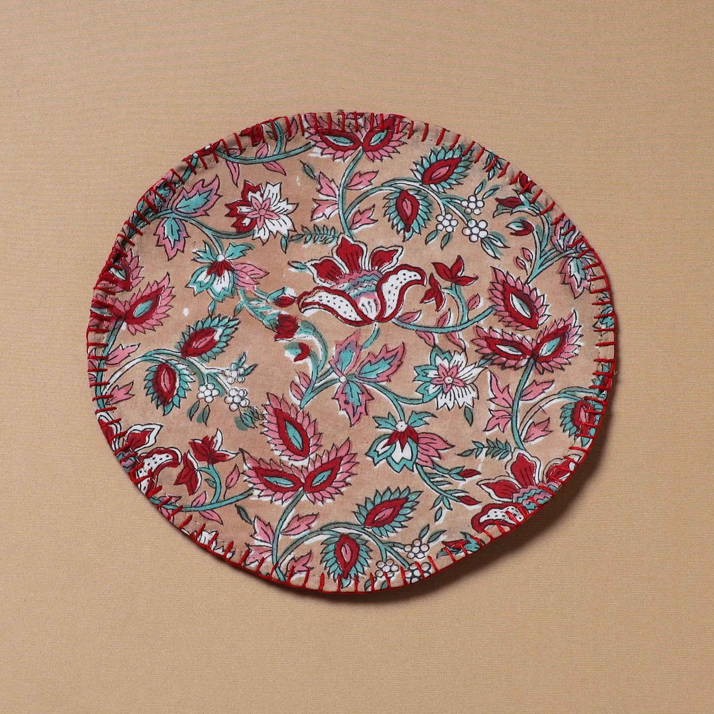 Peach - Hand Embroidered Floral Block Print Cotton Round Roti Napkin 07