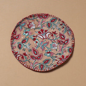 Peach - Hand Embroidered Floral Block Print Cotton Round Roti Napkin 07