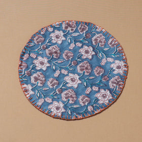 Blue - Hand Embroidered Floral Block Print Cotton Round Roti Napkin 09