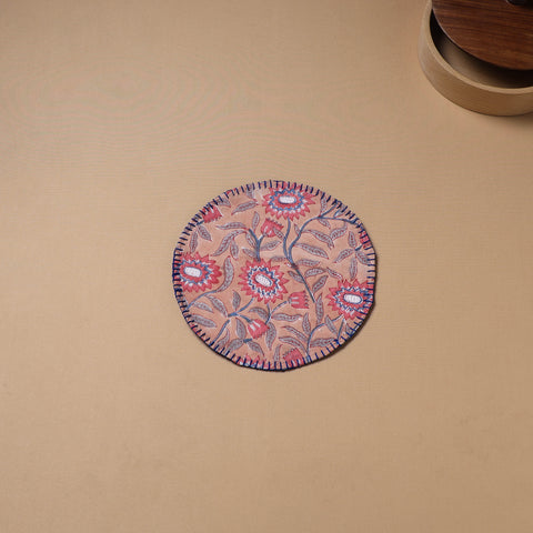 Peach - Hand Embroidered Floral Block Print Cotton Round Roti Napkin 10