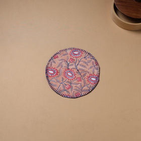 Peach - Hand Embroidered Floral Block Print Cotton Round Roti Napkin 10