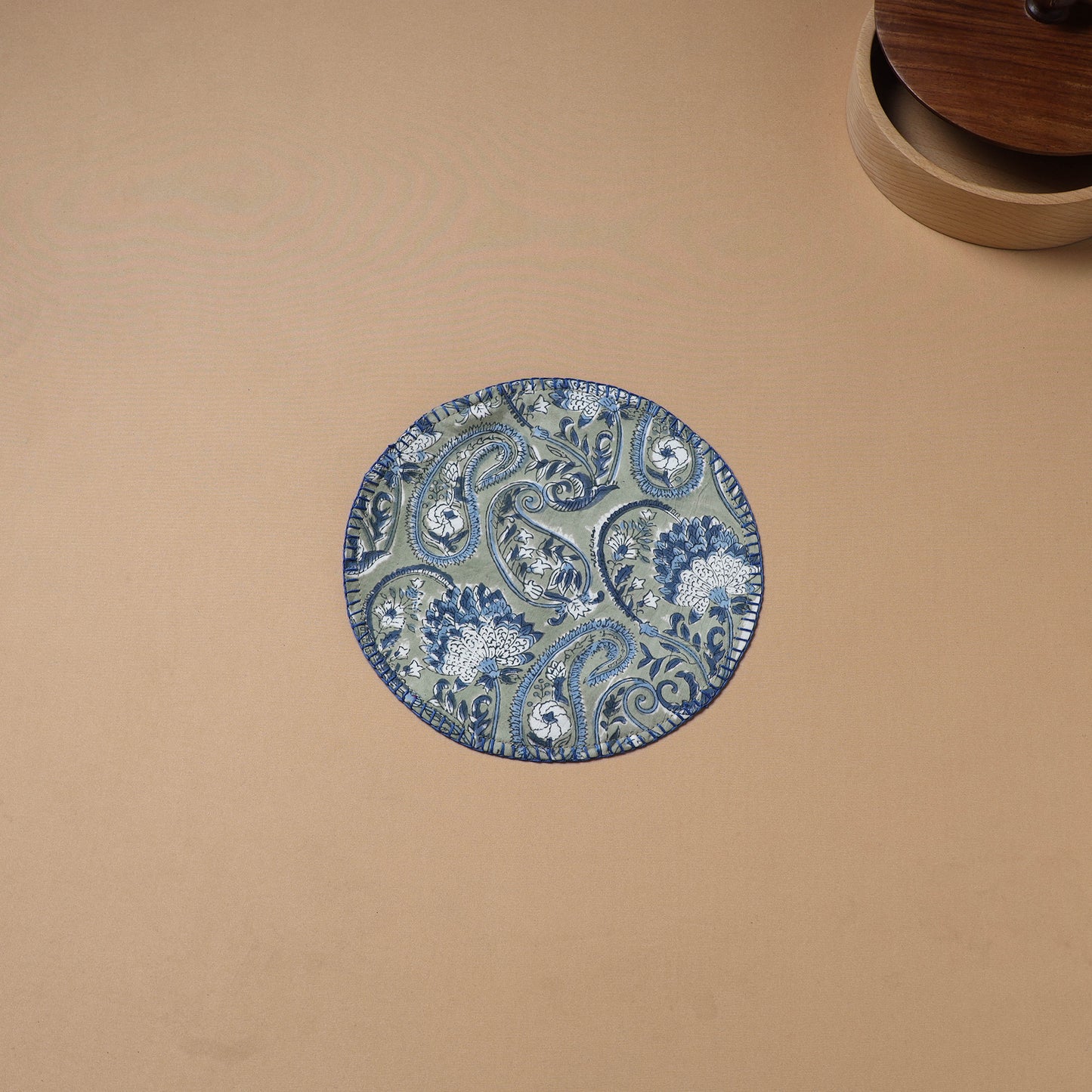 Blue - Hand Embroidered Floral Block Print Cotton Round Roti Napkin 11