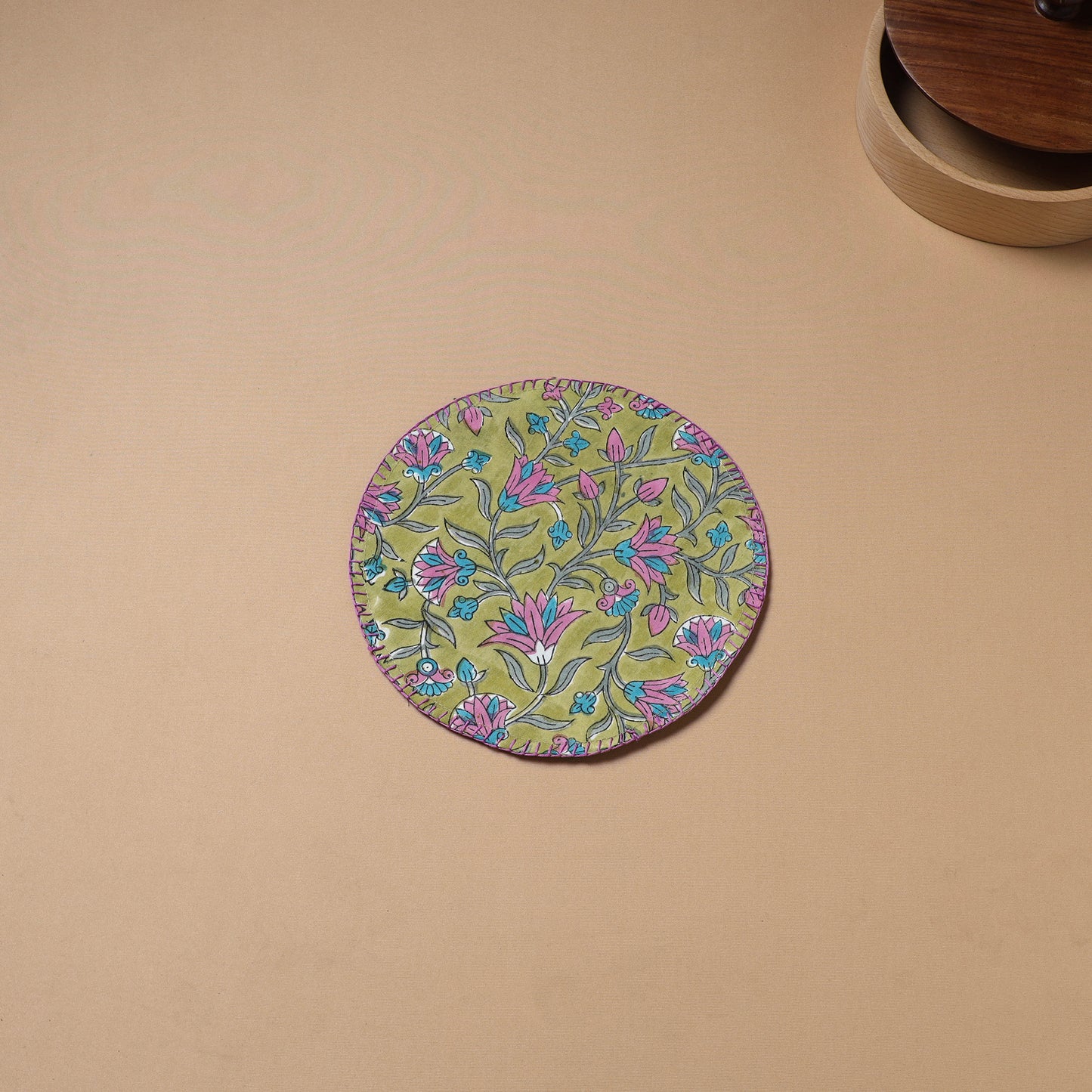 Hand Embroidered Floral Block Print Cotton Round Roti Napkin 12