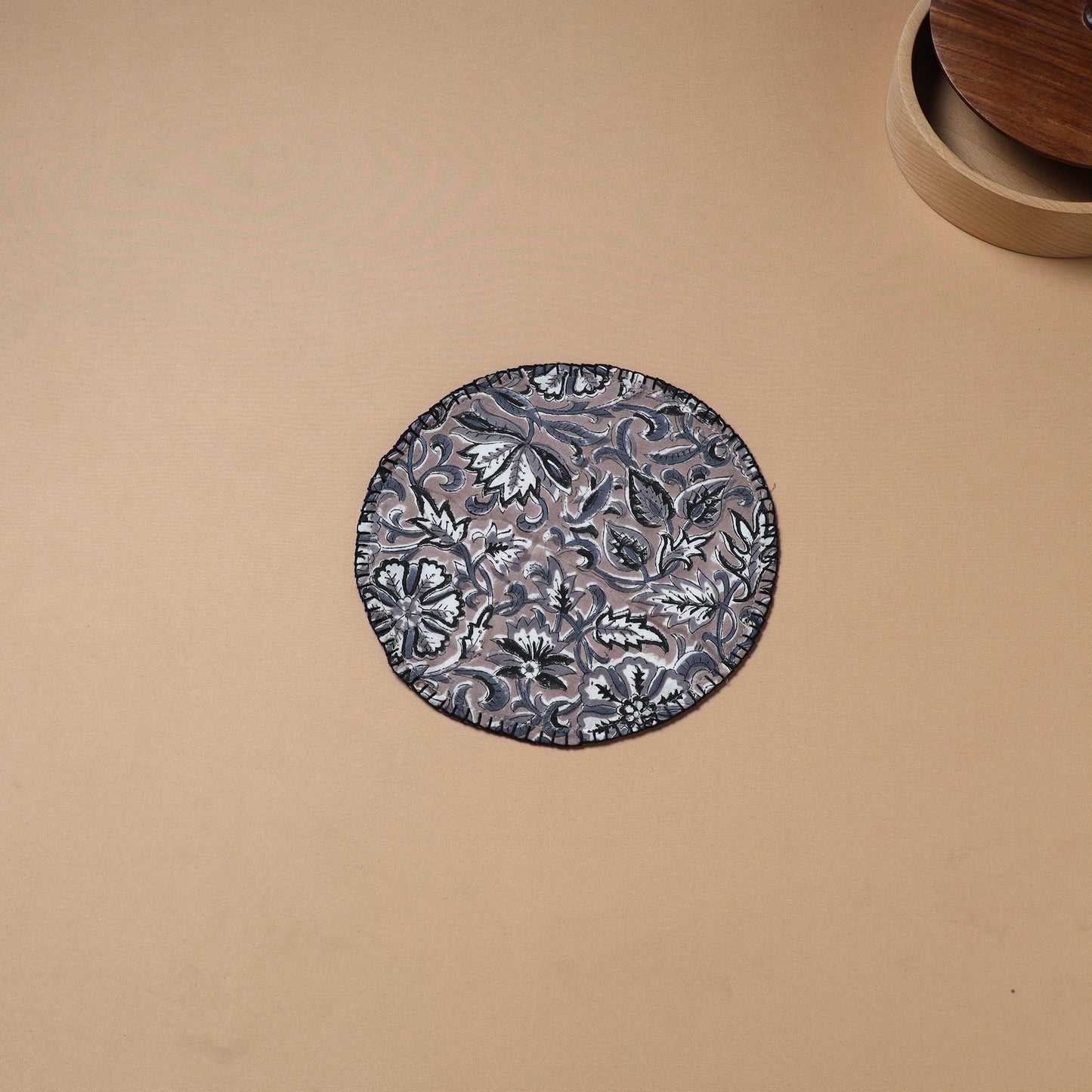 Grey - Hand Embroidered Floral Block Print Cotton Round Roti Napkin 13